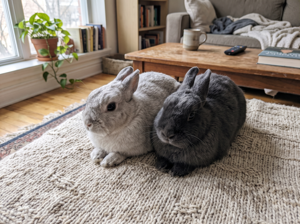 Two rabbits showing different gray coat shades side by side