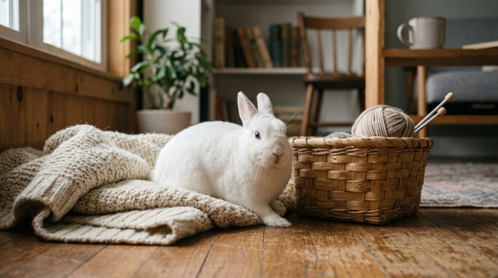 Fluffy white rabbit beside a blanket for cute rabbit names
