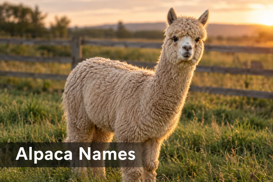 Fawn-colored alpaca in a pasture, used for a guide to alpaca names