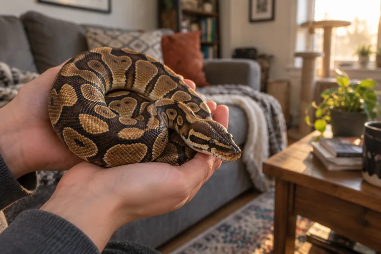 Ball python held in cupped hands at home, a common pet for naming