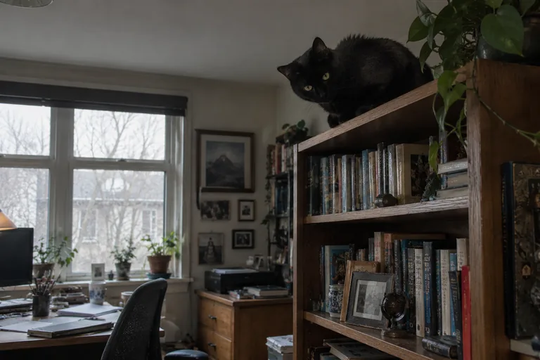 Black cat surveying a room from above like a boss