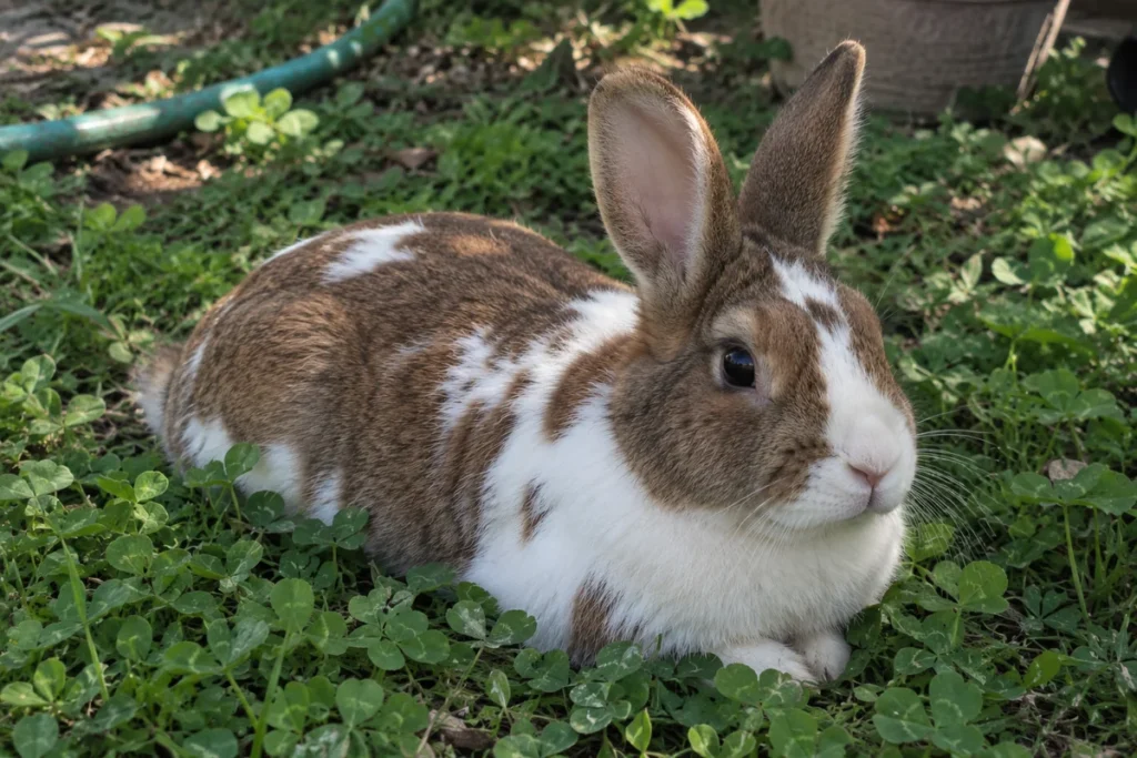 Brown and white pied pet rabbit outdoors on grass