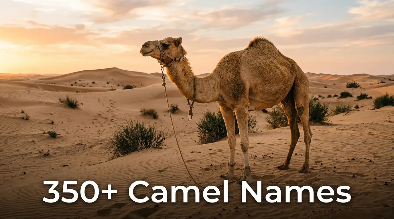 Dromedary camel in desert at golden hour, camel names inspiration