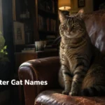 Confident tabby cat with gangster cat names attitude on a leather chair