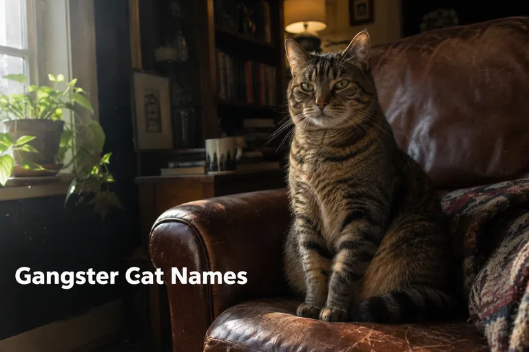 Confident tabby cat with gangster cat names attitude on a leather chair