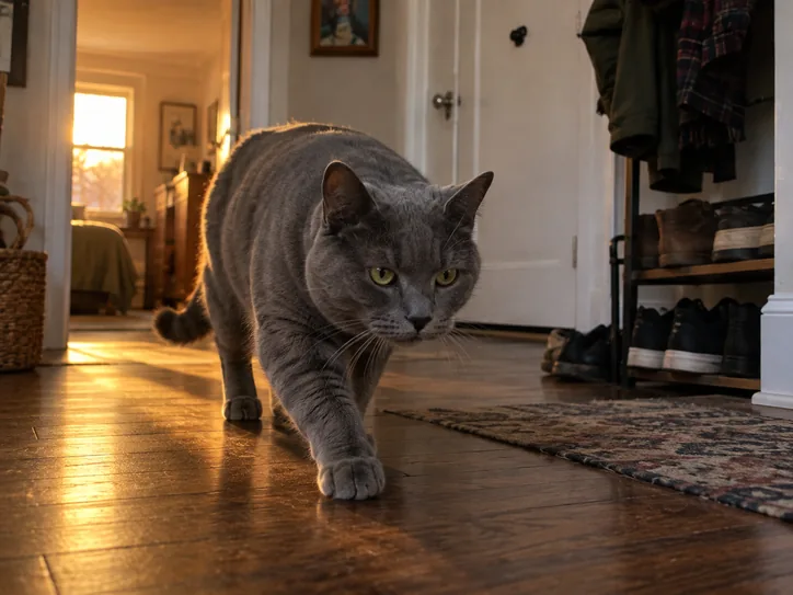 Grey cat walking with a bold, deliberate gangster-style stride
