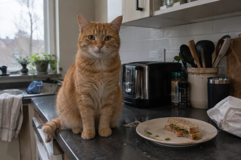 Orange cat caught stealing food, a classic funny gangster cat moment