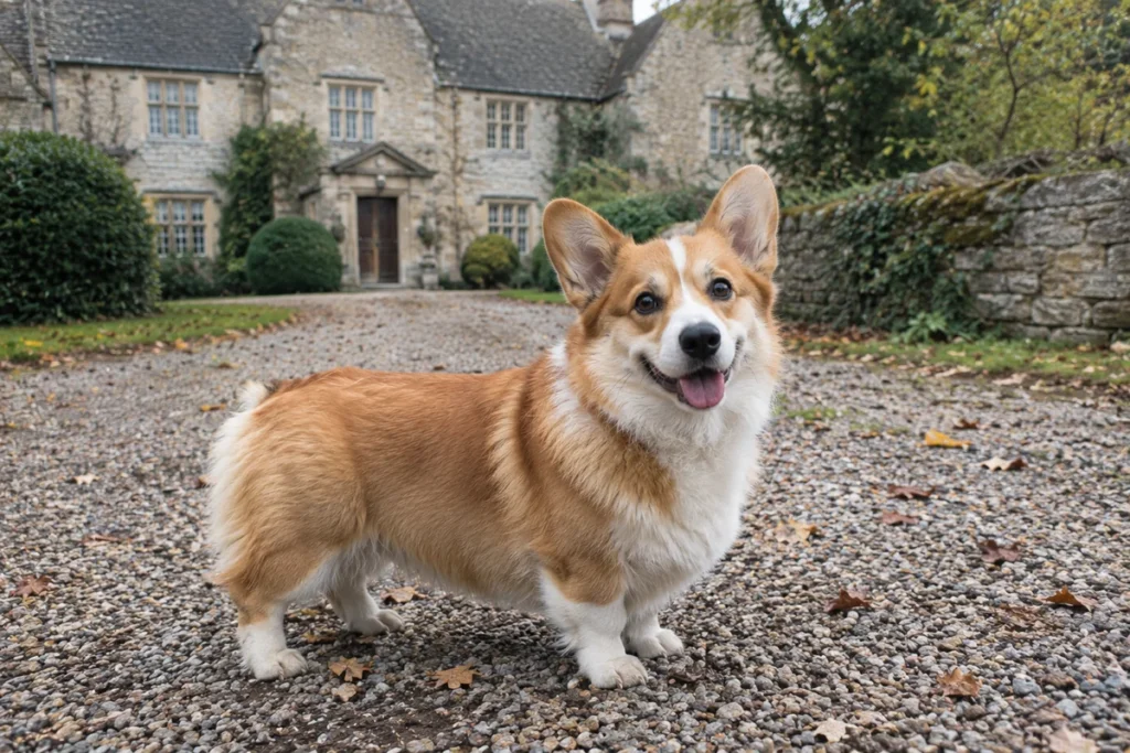 Welsh Corgi outside a stone estate house, echoing British royal dog names
