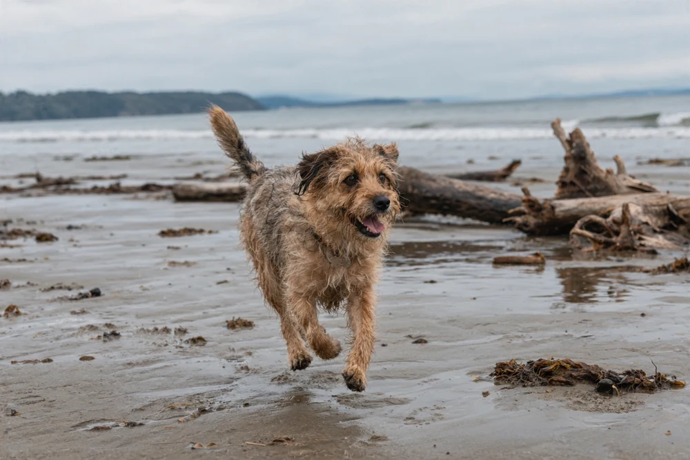 Dog running on a beach, evoking adventurous One Piece dog names