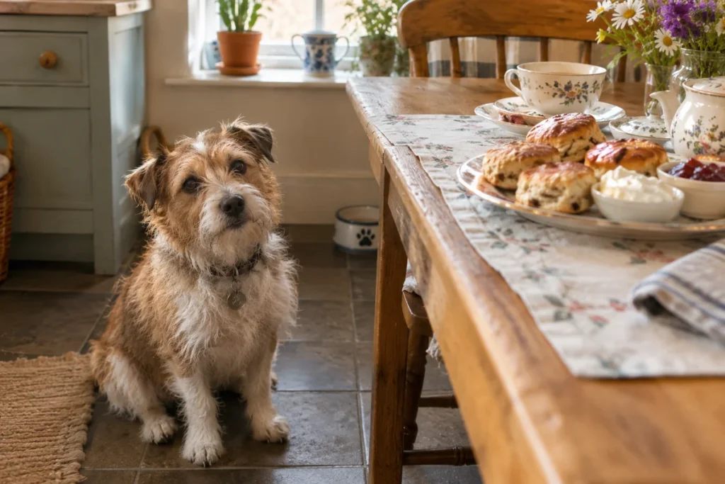 Small terrier near a British teatime spread, inspiration for food-based dog names
