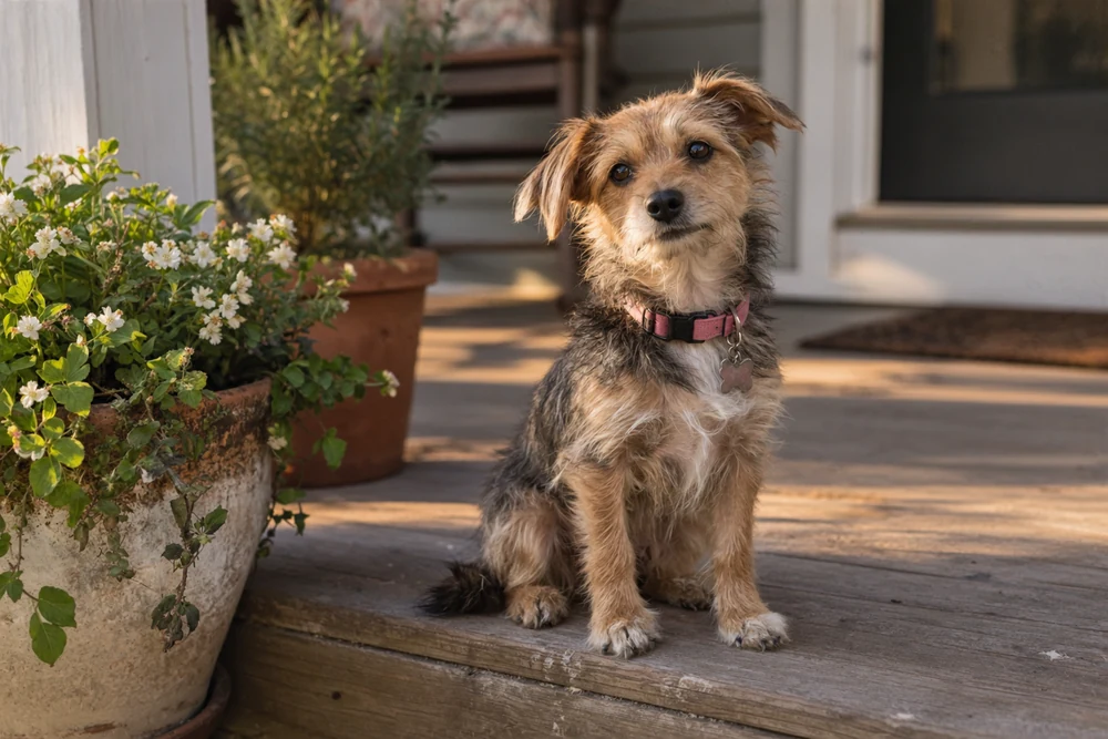 Small female dog on a porch, fitting for anime-inspired girl dog names