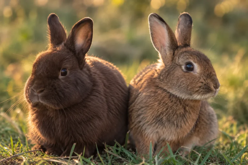 Dark brown and light brown pet rabbits showing different coat shades