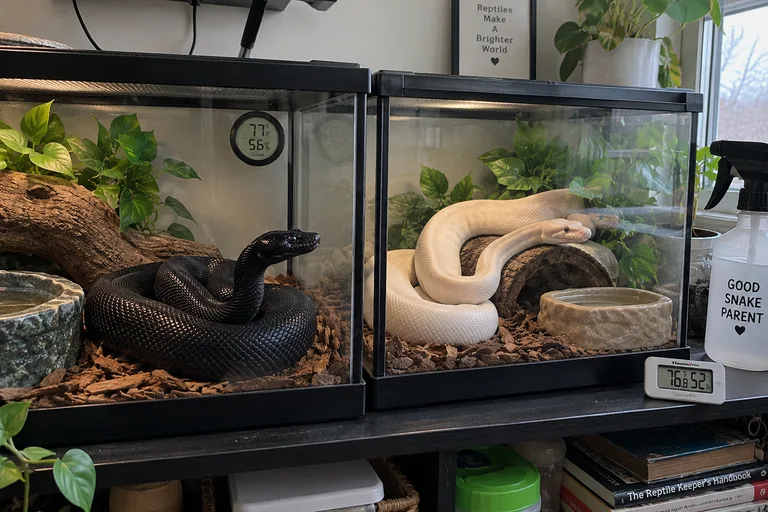 Black and white pet snakes side by side, showing color-based naming