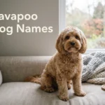 Apricot Cavapoo with a teddy-bear face sitting by a window, a typical subject for cavapoo dog names