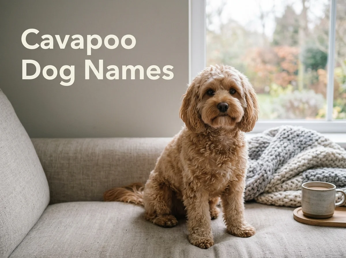 Apricot Cavapoo with a teddy-bear face sitting by a window, a typical subject for cavapoo dog names