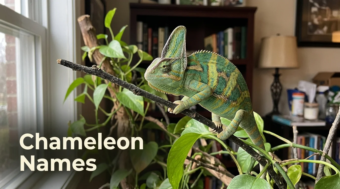 Veiled chameleon perched on a houseplant branch, ready for a name from our chameleon names list