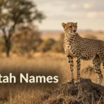 Adult cheetah standing alert on a termite mound at golden hour, a spotted cat that inspires cheetah names