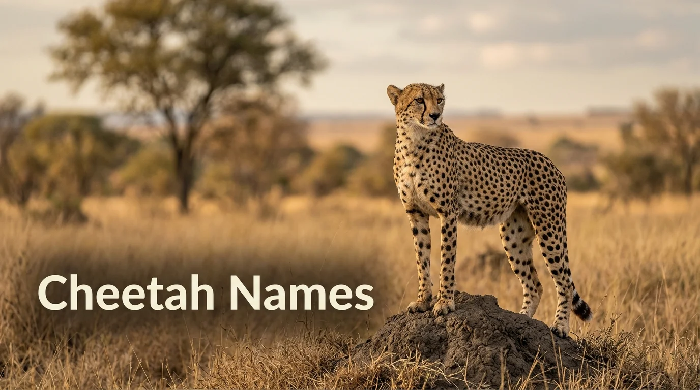 Adult cheetah standing alert on a termite mound at golden hour, a spotted cat that inspires cheetah names