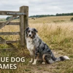 Blue merle Australian Shepherd sitting by a weathered farm gate, a classic subject for blue dog names