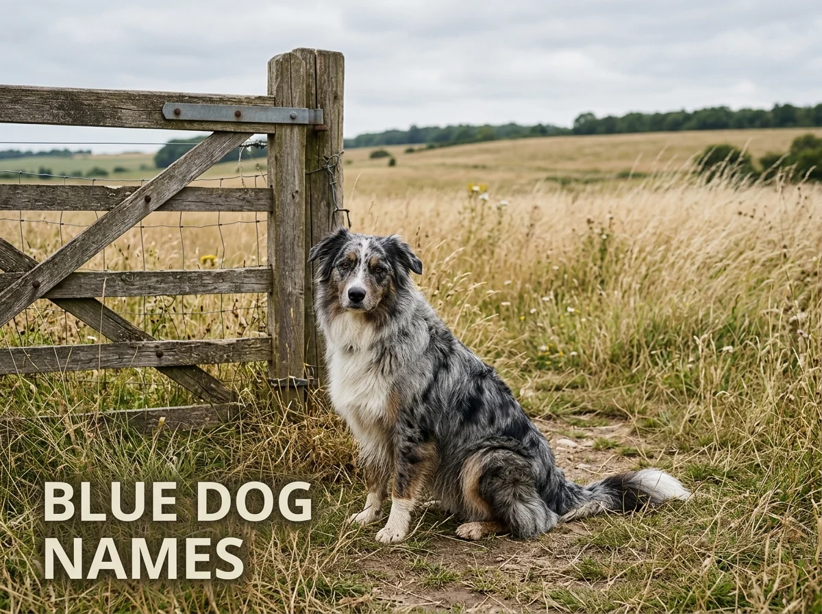 Blue merle Australian Shepherd sitting by a weathered farm gate, a classic subject for blue dog names