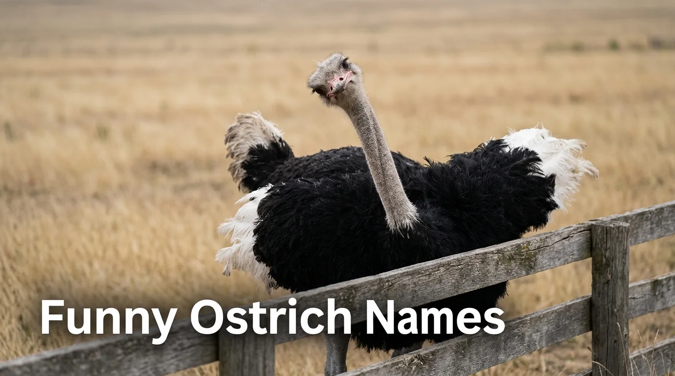 Adult male ostrich with black body and white wing plumes leaning over a farm fence, illustrating funny ostrich names