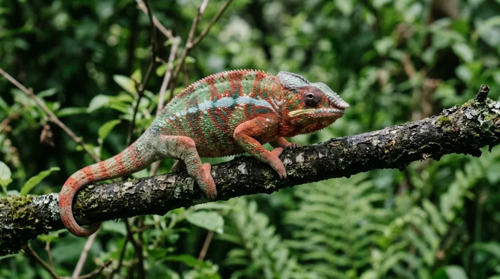 Colorful male panther chameleon on a branch, a species that inspires color-based chameleon names