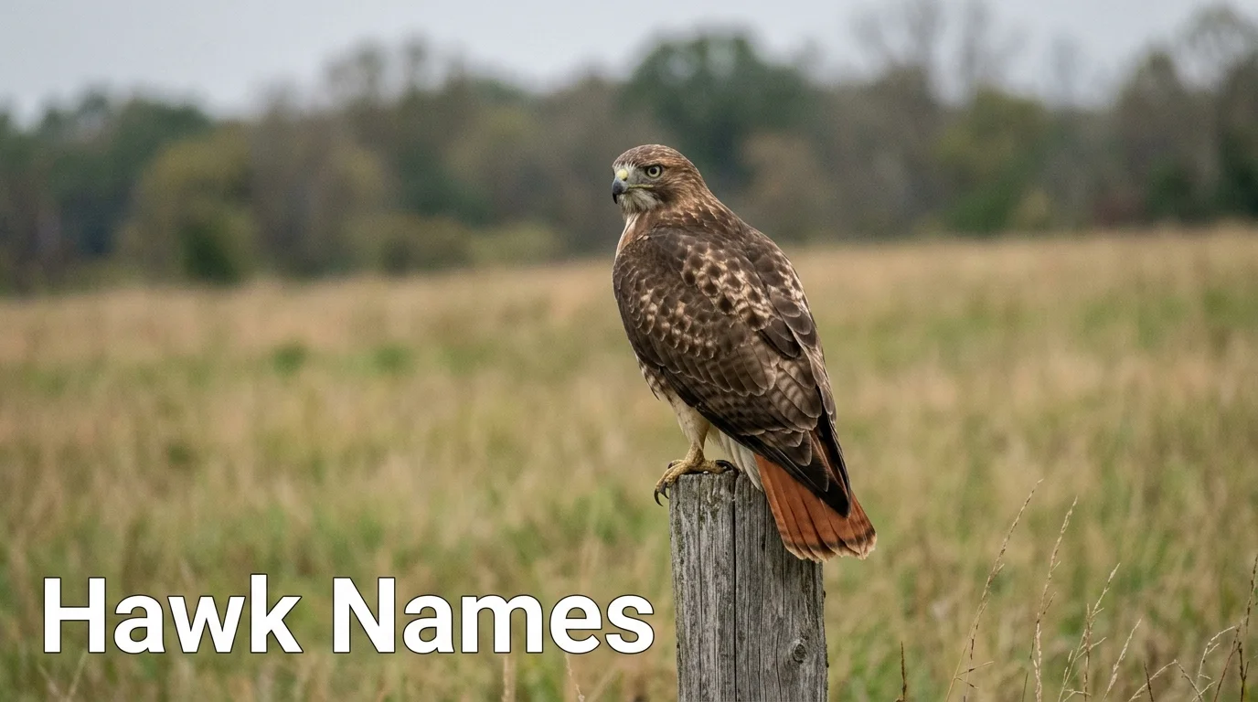 Red-tailed hawk perched on a weathered fence post at the edge of a grass field, a classic subject for hawk names